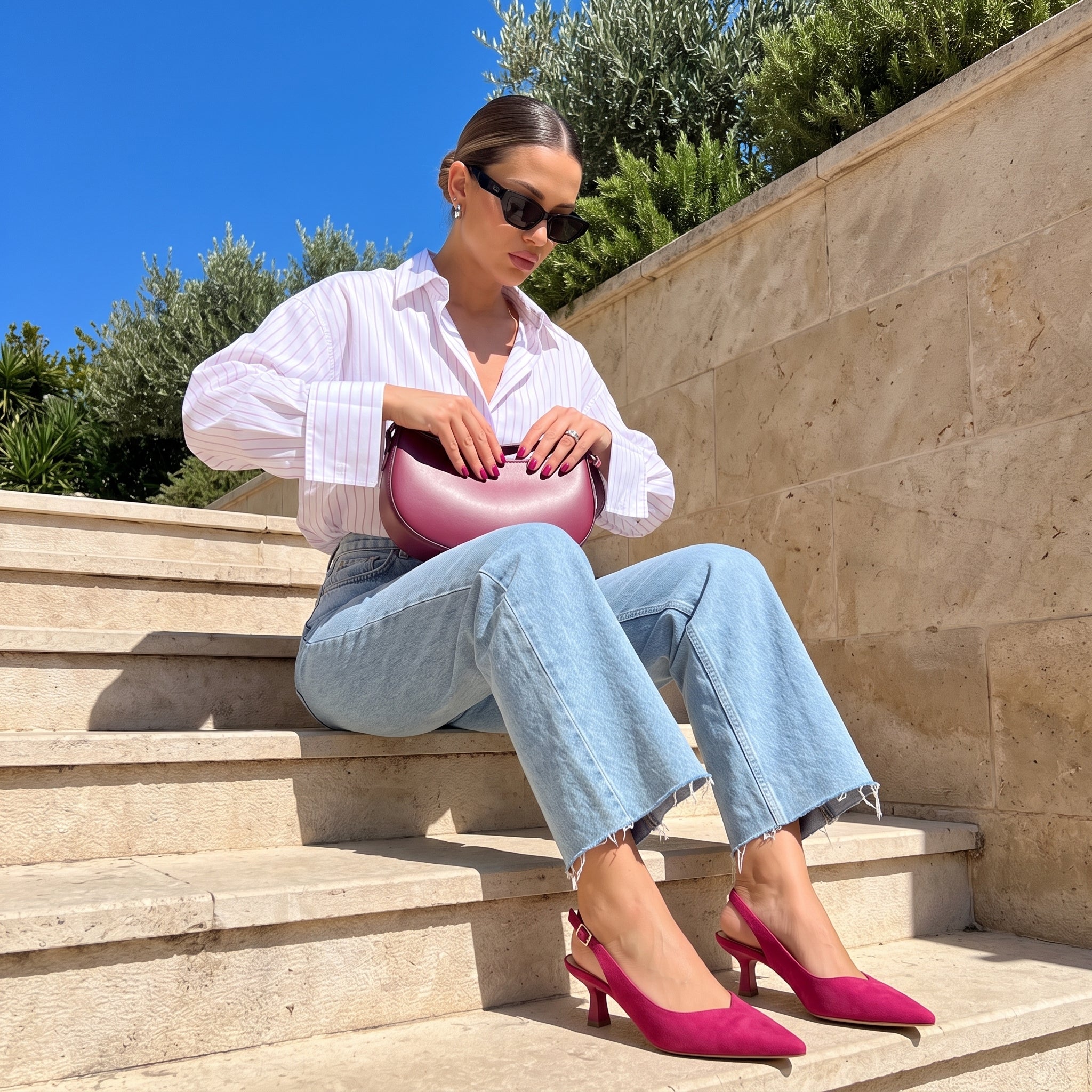 Saby Slingback Kitten Heels Microsuede Fuchsia Medium