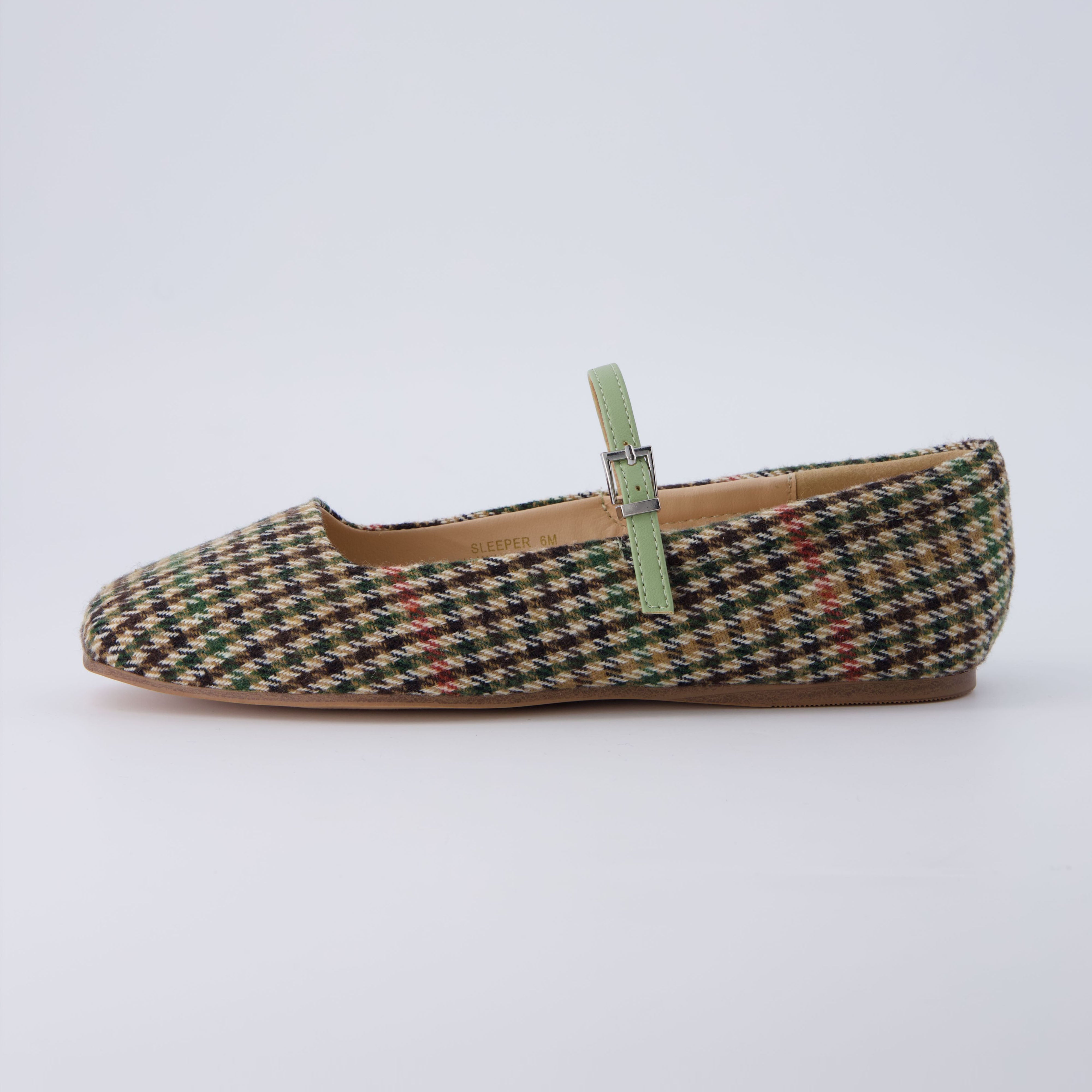 Sleeper Mary Jane Flat Sage Wool Plaid