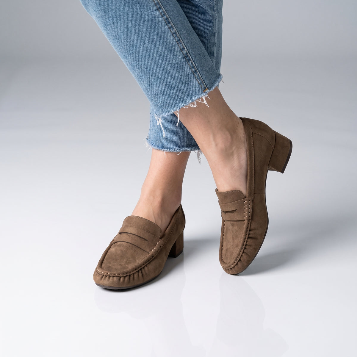 Teah Heeled Penny Loafers Taupe Medium
